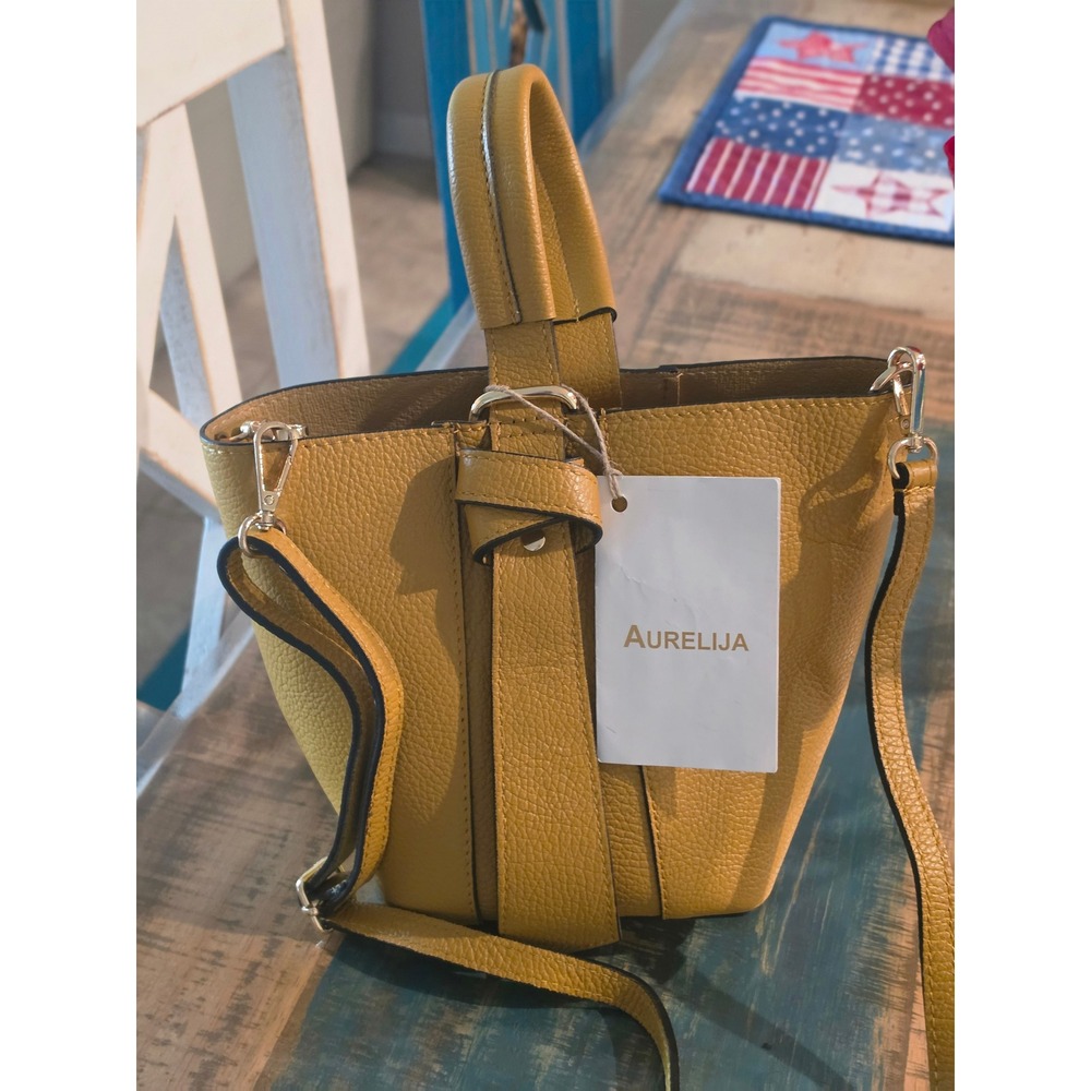 Aurelija Mustard Yellow Pebbled Leather Bucket Bag Made in Italy Crossbody New